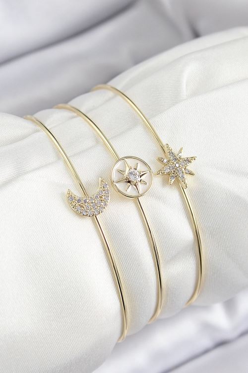 YRTCL Pirinç Zirkon Taşlı Ay Ve Kutup Yıldızı Model Gold Renk Vip 3'lü Kadın Bileklik