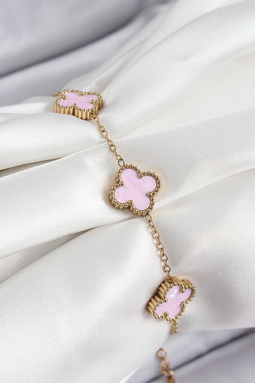 YRTCL 316L Çelik Pembe Sedef Yonca Model Gold Renk Kadın Bileklik