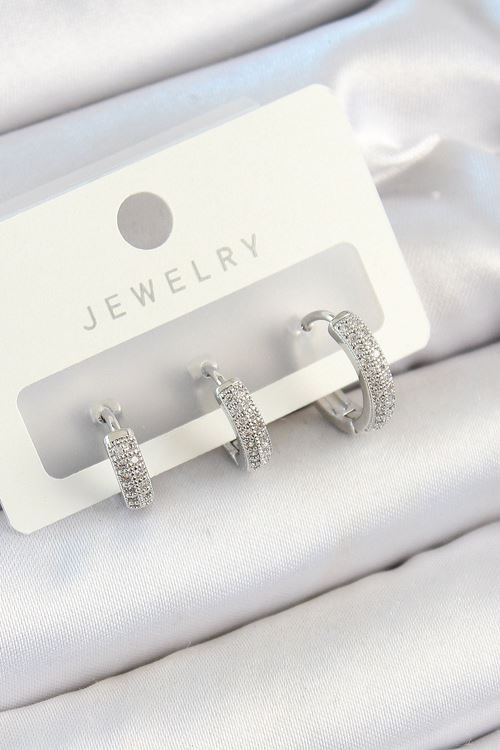 YRTCL Pirinç Zirkon Taşlı Halka Model Gümüş Renk 3'lü Çift Kadın Küpe Set