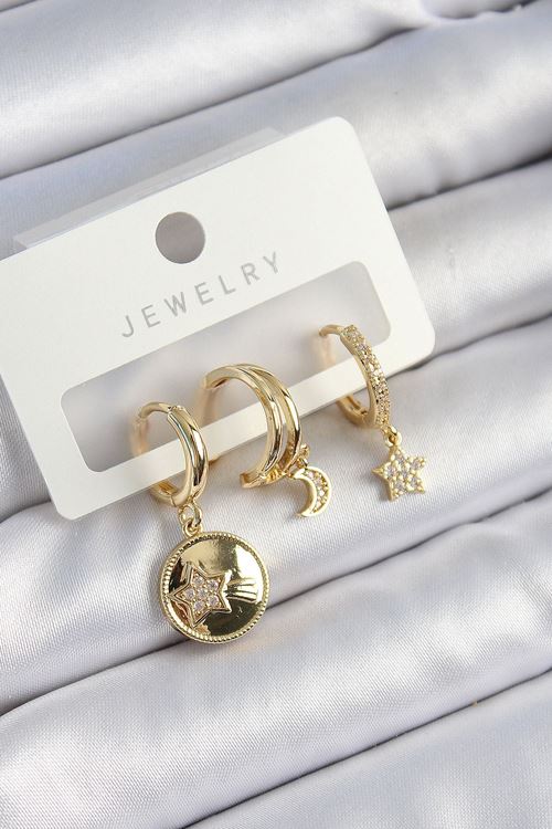 YRTCL Pirinç Zirkon Taşlı Yıldız Ve Ay Model Gold Renk 3'lü Çift Kadın Küpe Set