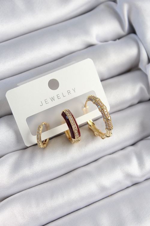 YRTCL Pirinç Zirkon Taşlı Bordo Halka Model Gold Renk 3'lü Çift Kadın Küpe Set