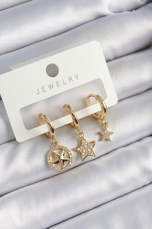 YRTCL Pirinç Zirkon Taşlı Yıldız Model Gold Renk 3'lü Çift Kadın Küpe Set