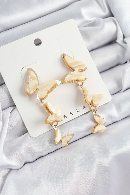 YRTCL Pirinç Sedef Sallantılı Mermer Desenli Kelebek Model Gold Renk Vintage Kadın Küpe