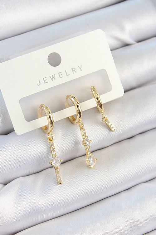 YRTCL Pirinç Zirkon Taşlı Sallantılı Model Gold Renk 3'lü Çift Kadın Küpe Set