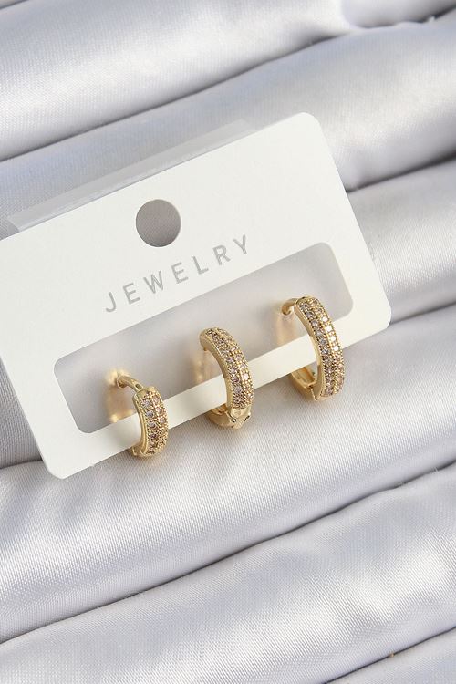 YRTCL Pirinç Zirkon Taşlı Yıldız Model Gold Renk 3'lü Çift Kadın Küpe Set