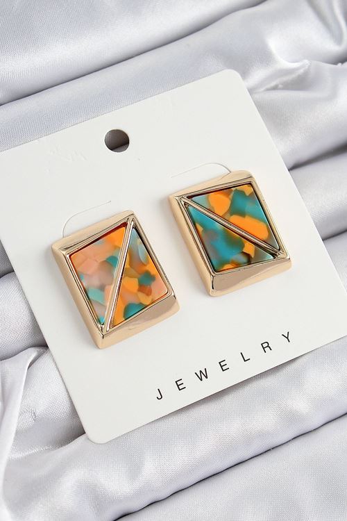 YRTCL Pirinç  Turuncu Yeşil Üçgen Kesim Detaylı Kare Model Vintage Gold Renk Kadın Küpe