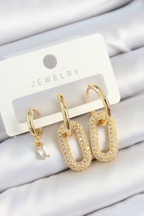 YRTCL Pirinç Zirkon Taşlı Dikdörtgen Model Gold Renk 3'lü Çift Kadın Küpe Set