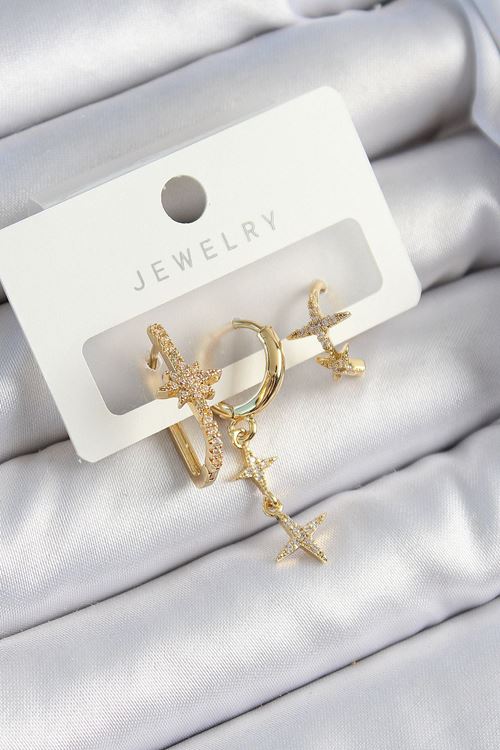 YRTCL Pirinç Zirkon Taşlı Yıldız Model Gold Renk 3'lü Çift Kadın Küpe Set