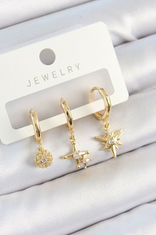 YRTCL Pirinç Zirkon Taşlı Yıldız Model Gold Renk 3'lü Çift Kadın Küpe Set