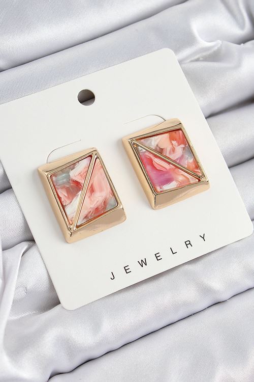 YRTCL Pirinç Pembe Üçgen Kesim Detaylı Kare Model Vintage Gold Renk Kadın Küpe