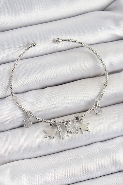 YRTCL Pirinç Zirkon Taşlı Kelebek Ve Yıldız Model Gümüş Renk Charm Bileklik