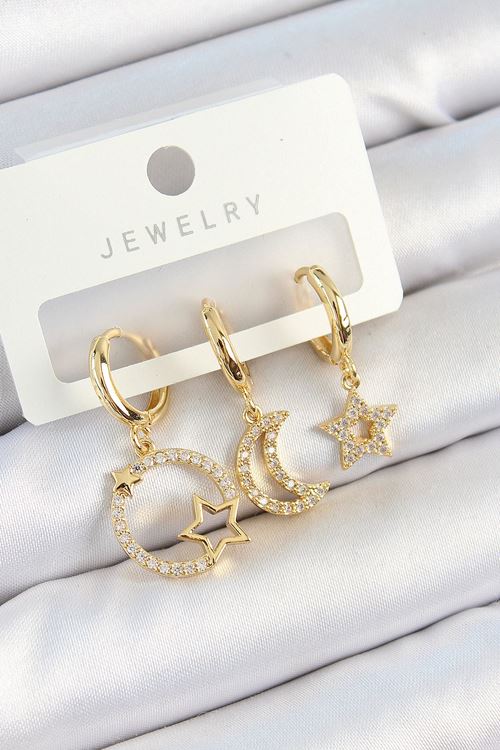 YRTCL Pirinç Zirkon Taşlı Yıldız Ve Ay Model Gold Renk 3'lü Kadın Küpe Set