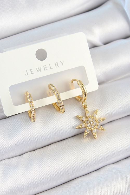 YRTCL Pirinç Zirkon Taşlı Kutup Yıldızı Model Gold Renk 3'lü Çift Kadın Küpe Set