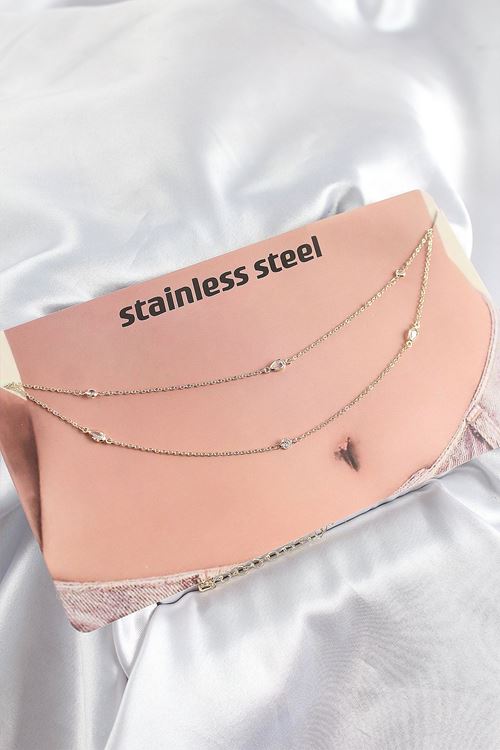 YRTCL 316L Çelik Zirkon Taşlı Damla Model Gold Renk Göbek Bel Zinciri