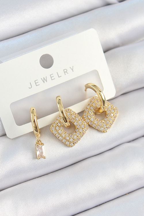 YRTCL Pirinç Zirkon Taşlı Kare Model Gold Renk 3'lü Çift Kadın Küpe Set