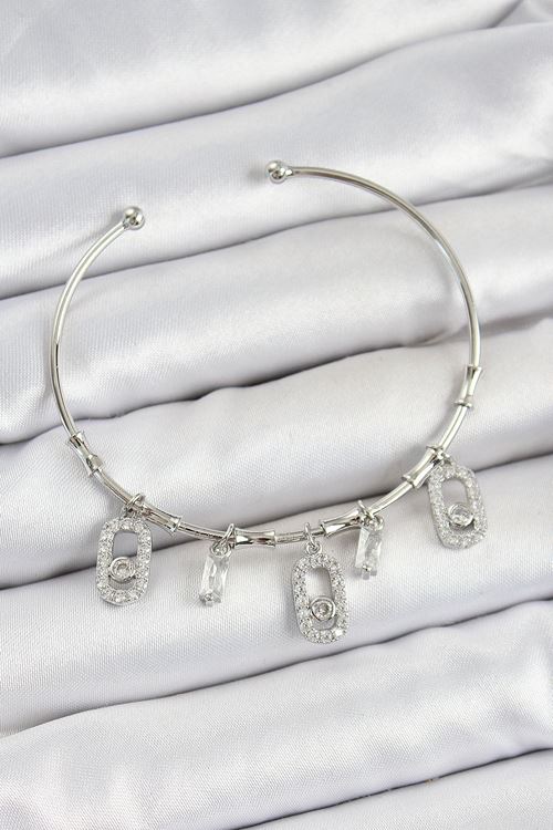 YRTCL Pirinç Zirkon Taşlı Dikdörtgen Model Gümüş Renk Charm Bileklik