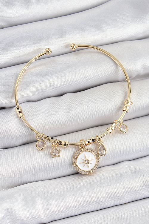 YRTCL Pirinç Zirkon Taşlı Pusula Model Gold Renk Charm Bileklik