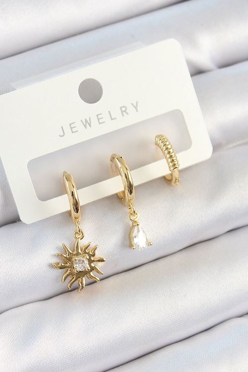 YRTCL Pirinç Zirkon Taşlı Güneş Model Gold Renk 3'lü Çift Kadın Küpe Set