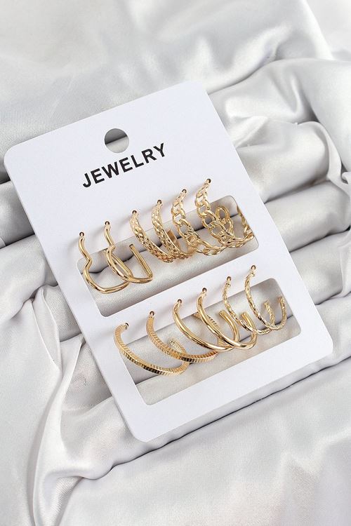 YRTCL Pirinç Karışık Halka Model Gold Renk 6 Çift Kadın Küpe Set
