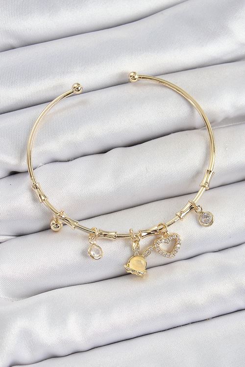 YRTCL Pirinç Zirkon Taşlı Tavşan Ve Kalp Model Gold Renk Charm Bileklik
