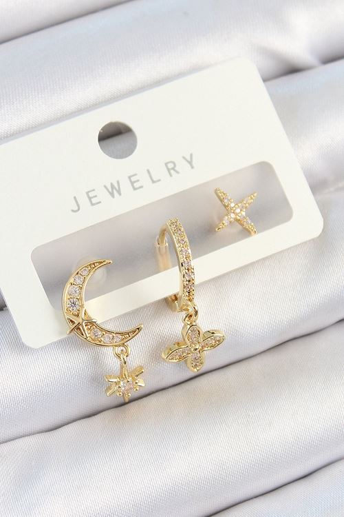 YRTCL Pirinç Zirkon Taşlı Çiçek Ve Ay Model Gold Renk 3'lü Çift Kadın Küpe Set