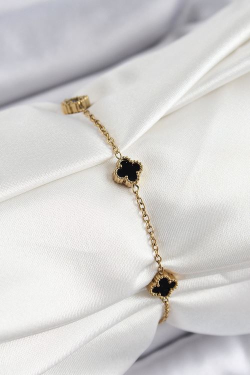 YRTCL 316L Çelik Siyah Sedef Yonca Model Gold Renk Kadın Bileklik