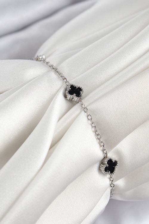 YRTCL 316L Çelik Siyah Sedef Yonca Model Gümüş Renk Kadın Bileklik