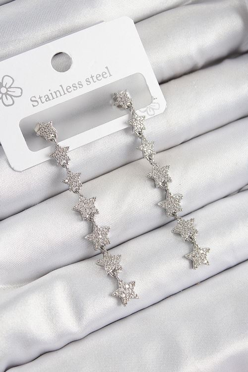 YRTCL Pirinç Zirkon Taşlı Sallantılı Yıldız Model Gümüş Renk Kadın Küpe