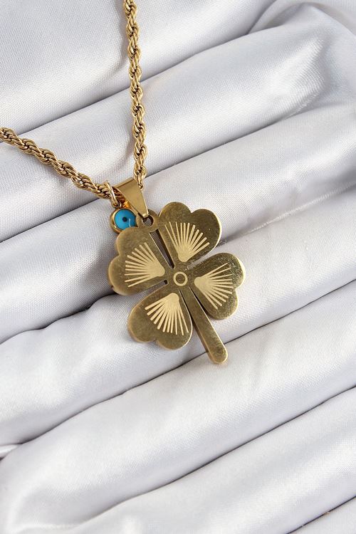 YRTCL 316L Çelik Burgu Zincirli Nazar Detaylı Yonca Model Gold Renk Kadın Kolye