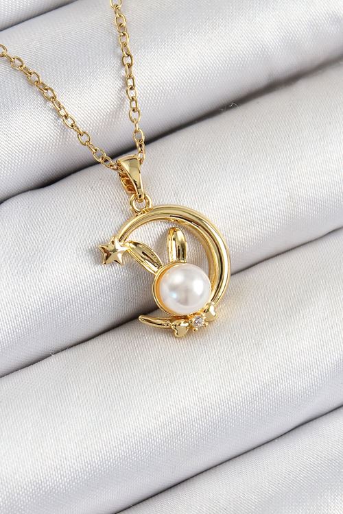 YRTCL 316L Çelik İnci Detaylı Hilal Tavşan Model Gold Renk Kadın Kolye