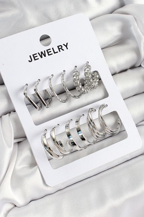 YRTCL Pirinç Karışık Halka Model Gümüş Renk 6 Çift Kadın Küpe Set