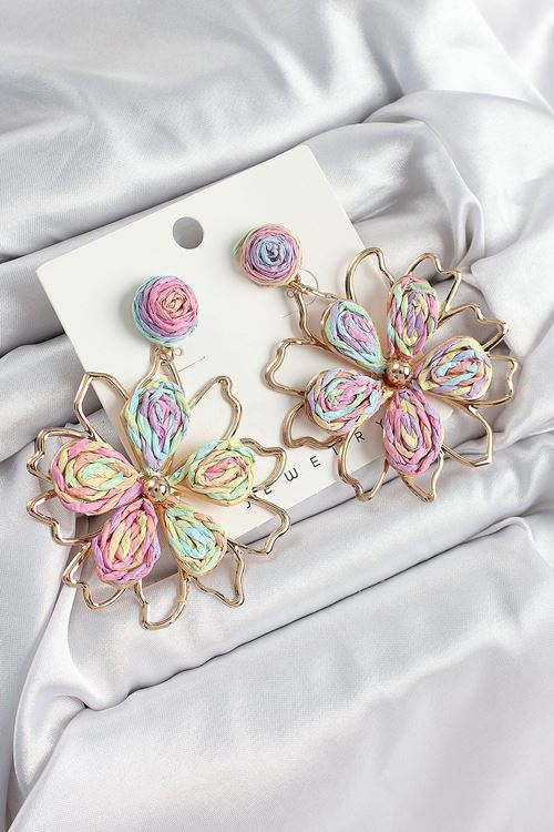 YRTCL Pirinç Rainbow Çiçek Model Gold Renk Kadın Hasır Küpe