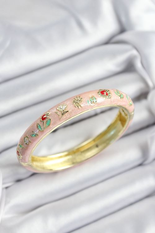 YRTCL Mineli Pirinç Pembe Çiçek Motifli Gold Renk Kadın Kelepçe