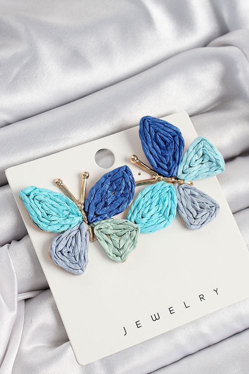 YRTCL Pirinç Mavi Kelebek Model Gold Renk Kadın Hasır Küpe