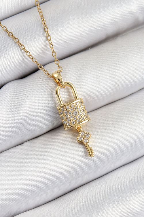 YRTCL 316L Çelik Zirkon Taşlı Kilit Ve Sallantılı Anahtar Model Gold Renk Kadın Kolye