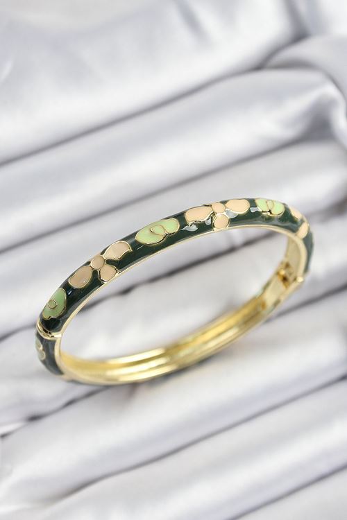 YRTCL Mineli Pirinç Krem Ve Yeşil Çiçek Motifli Gold Renk Kadın Kelepçe