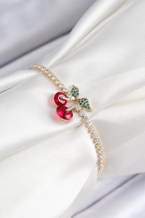 YRTCL Pirinç Zirkon Taşlı Kiraz Model Gold Renk Asansörlü Kadın Bileklik