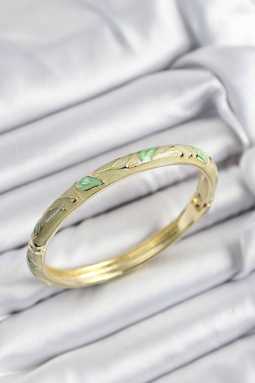 YRTCL Mineli Pirinç Yeşil Yaprak Motifli Gold Renk Kadın Kelepçe