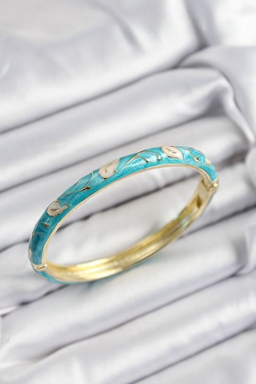 YRTCL Mineli Pirinç Krem Ve Turkuaz Yaprak Motifli Gold Renk Kadın Kelepçe