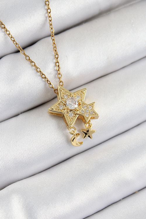 YRTCL 316L Çelik Zirkon Taşlı Sallantılı Yıldız Model Gold Renk Kadın Kolye