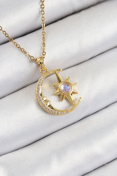 YRTCL 316L Çelik Zirkon Taşlı Kutup Yıldızlı Hilal Model Gold Renk Kadın Kolye