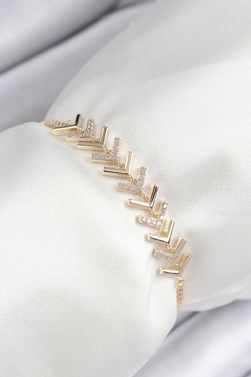 YRTCL Pirinç Zirkon Taşlı Sıralı Ok Model Gold Renk Asansörlü Kadın Bileklik