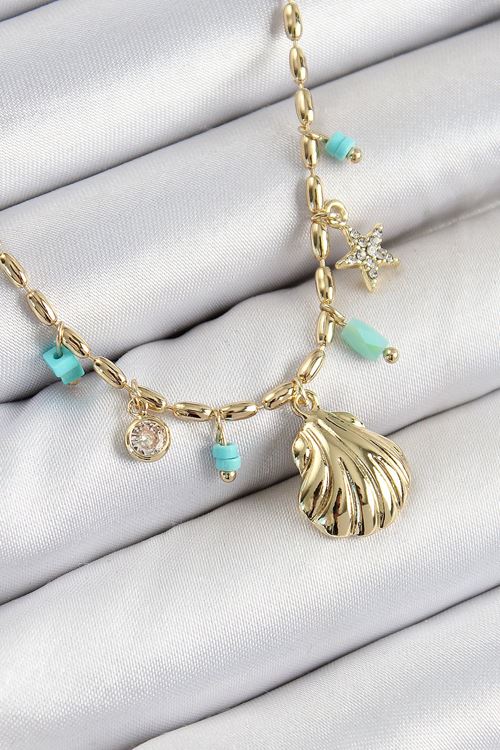 YRTCL Pirinç Zirkon Taşlı Deniz Kabuğu Model Gold Renk Kadın Kolye