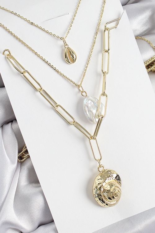 YRTCL Pirinç Çoklu Zincirli İncili Deniz Kabuğu Model Gold Renk Kadın Kolye