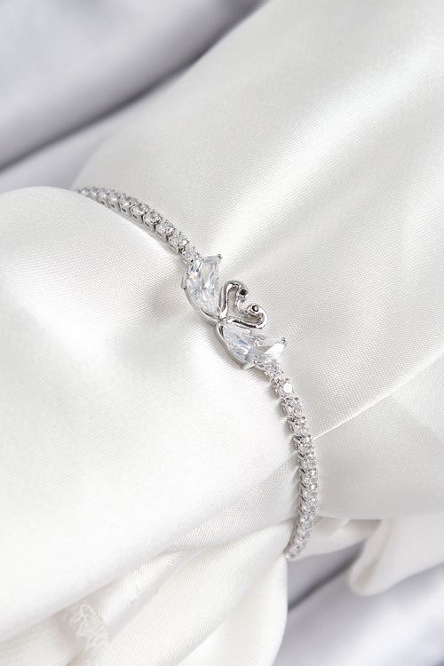 YRTCL Pirinç Zirkon Taşlı Kuğu Model Gümüş Renk Asansörlü Kadın Bileklik