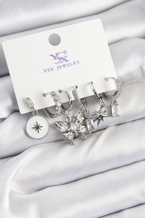 YRTCL Pirinç Zİrkon Taşlı Kelebek ve Yıldız Model Gümüş Renk 3'lü Çift Kadın Küpe