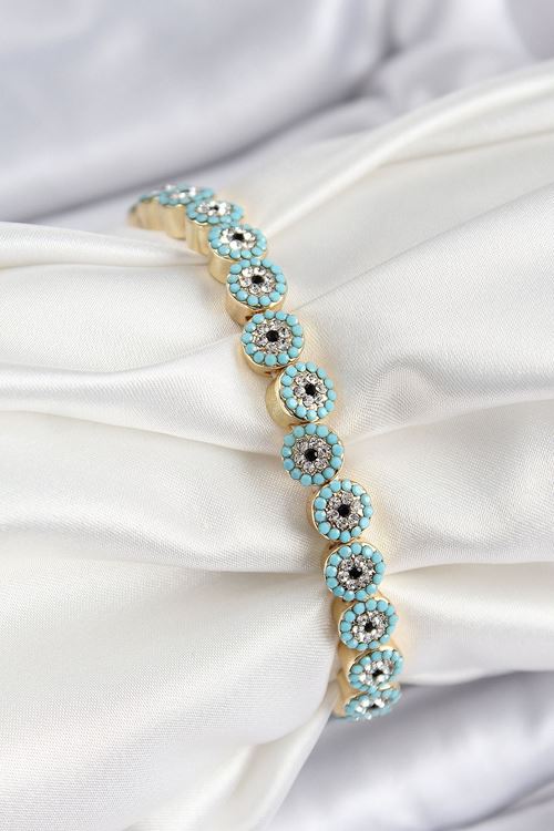 YRTCL Pirinç Zirkon Taşlı Turkuaz Nazar Model Gold Renk Lastikli Kadın Bileklik