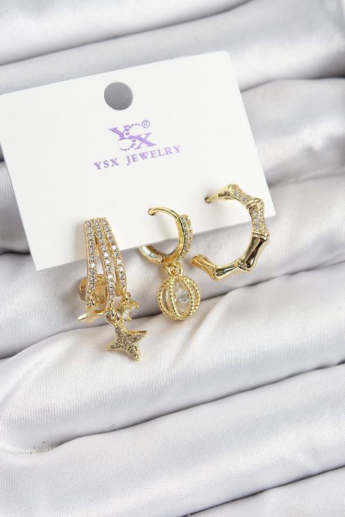 YRTCL Pirinç Zİrkon Taşlı Sallantılı Yıldız Model Gold Renk 3'lü Kadın Küpe