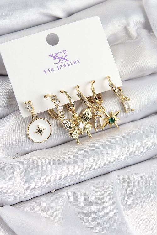 YRTCL Pirinç Zİrkon Taşlı Kelebek ve Yıldız Model Gold Renk 3'lü Çift Kadın Küpe