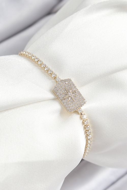 YRTCL Pirinç Zirkon Taşlı Kutup Yıldızı Model Gold Renk Asansörlü Kadın Bileklik